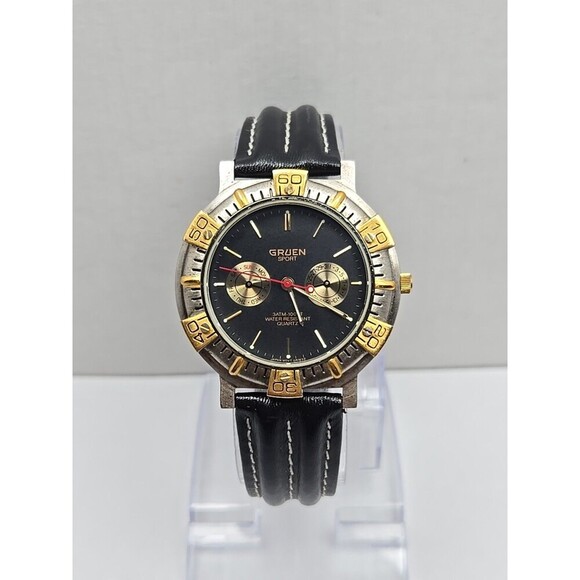 Gruen Sport 3ATM Quartz Black Dial Gold Tone Bezel Two Subdial Watch New Battery - Picture 1 of 11